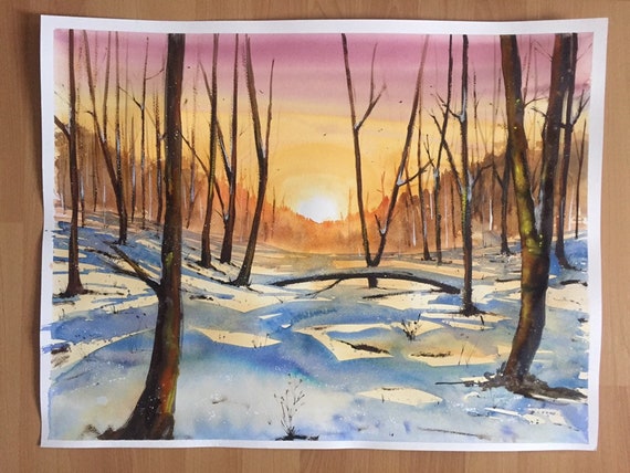 Watercolor sunset painting, forest painting, winter landscape, trees during winter