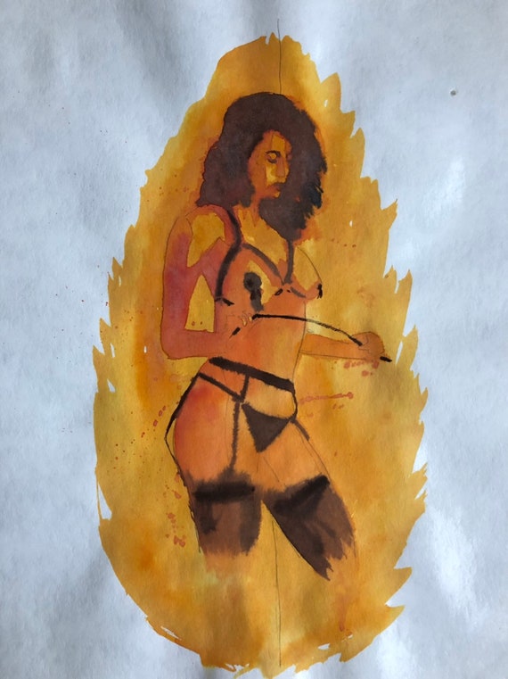Woman in dark lingerie watercolor Painting