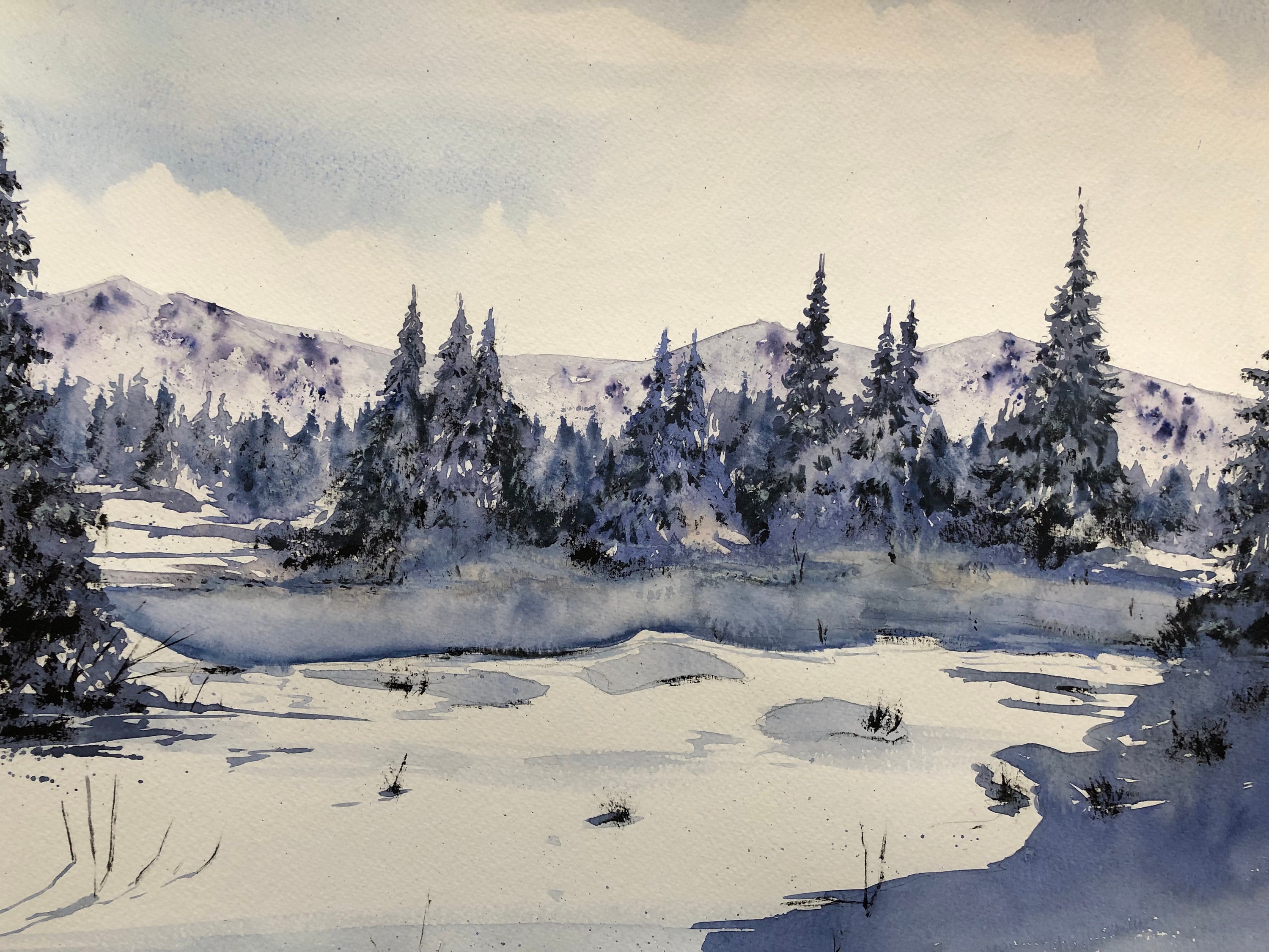 Pine trees landscape painting Winter landscape original Etsy