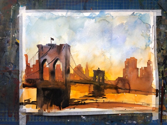 Sunset in New York watercolor painting on paper, new york painting, new york art, brooklyn bridge, nyc art, nyc decor, big apple