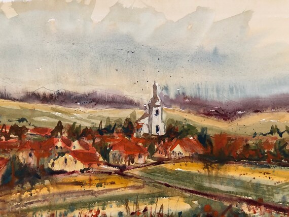 ジョセフ・ズブクヴィッチ風のオリジナル水彩画、早春の野原と教会