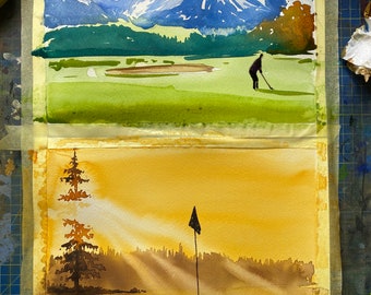 Golf course Watercolor Painting, GOLF art, golfer gift, landscape painting, original watercolor, golfer painting, golf painting, golfing,