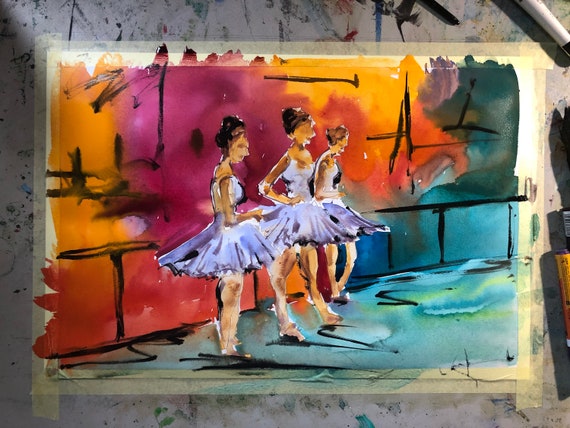 Ballerina painting, ballet watercolor, ballet art, ballerina watercolor, original watercolor, watercolor painting, degas style, degas ballet