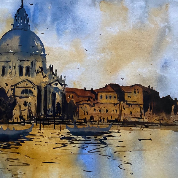 peinture de Venise, aquarelle de Venise, aquarelle originale, peinture à l'aquarelle, peinture de paysage marin, peinture d'église, paysage de Venise, Italie,