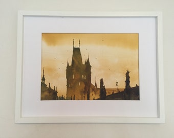 PRAGUE, watercolor painting, prague watercolor, prague painting, praha, charles bridge, bridge painting, prague decoration, prague art, city