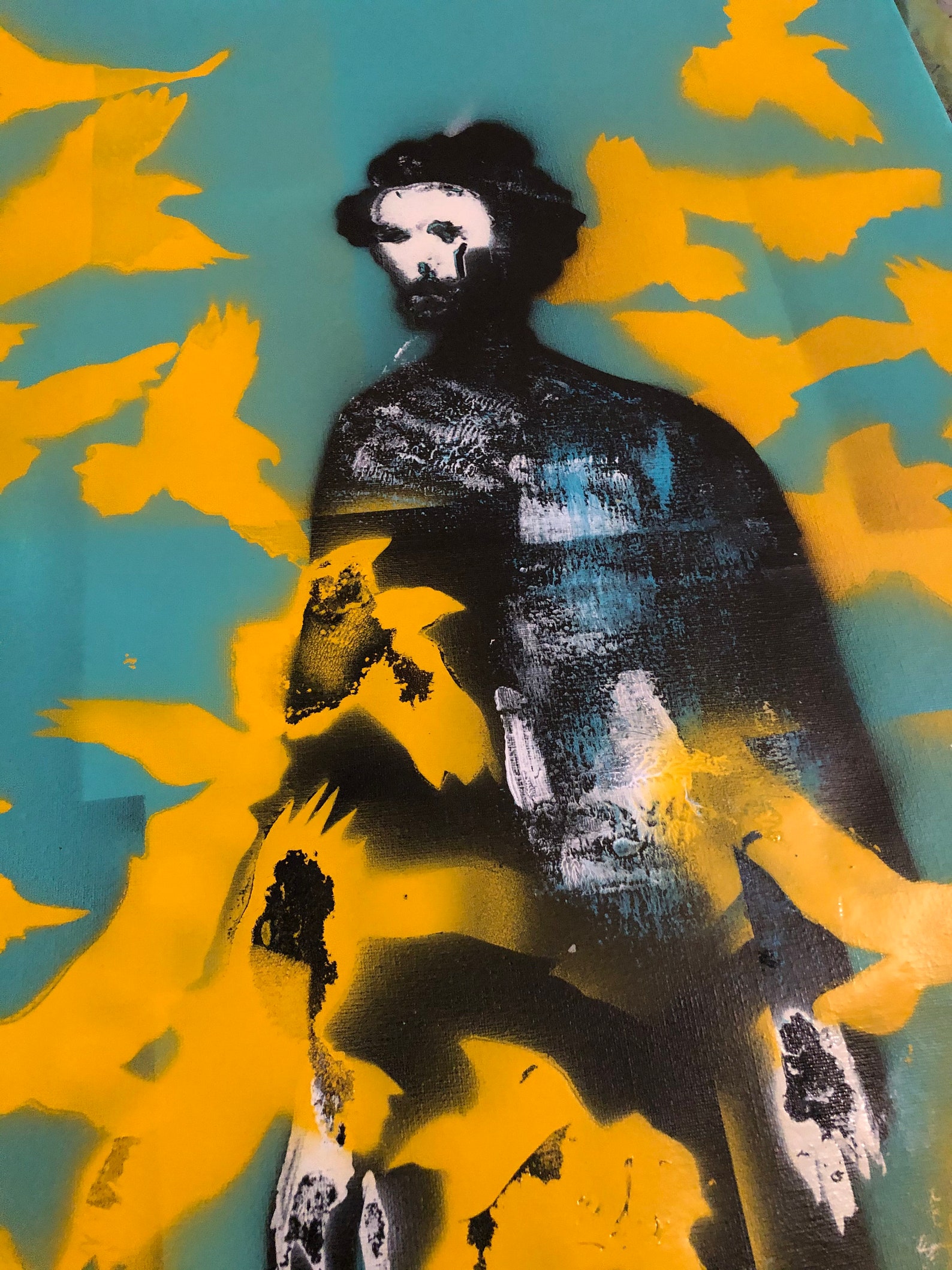 Bunter Mann im Mas-Gemälde auf Leinwand grüne und gelbe Vögel | Etsy