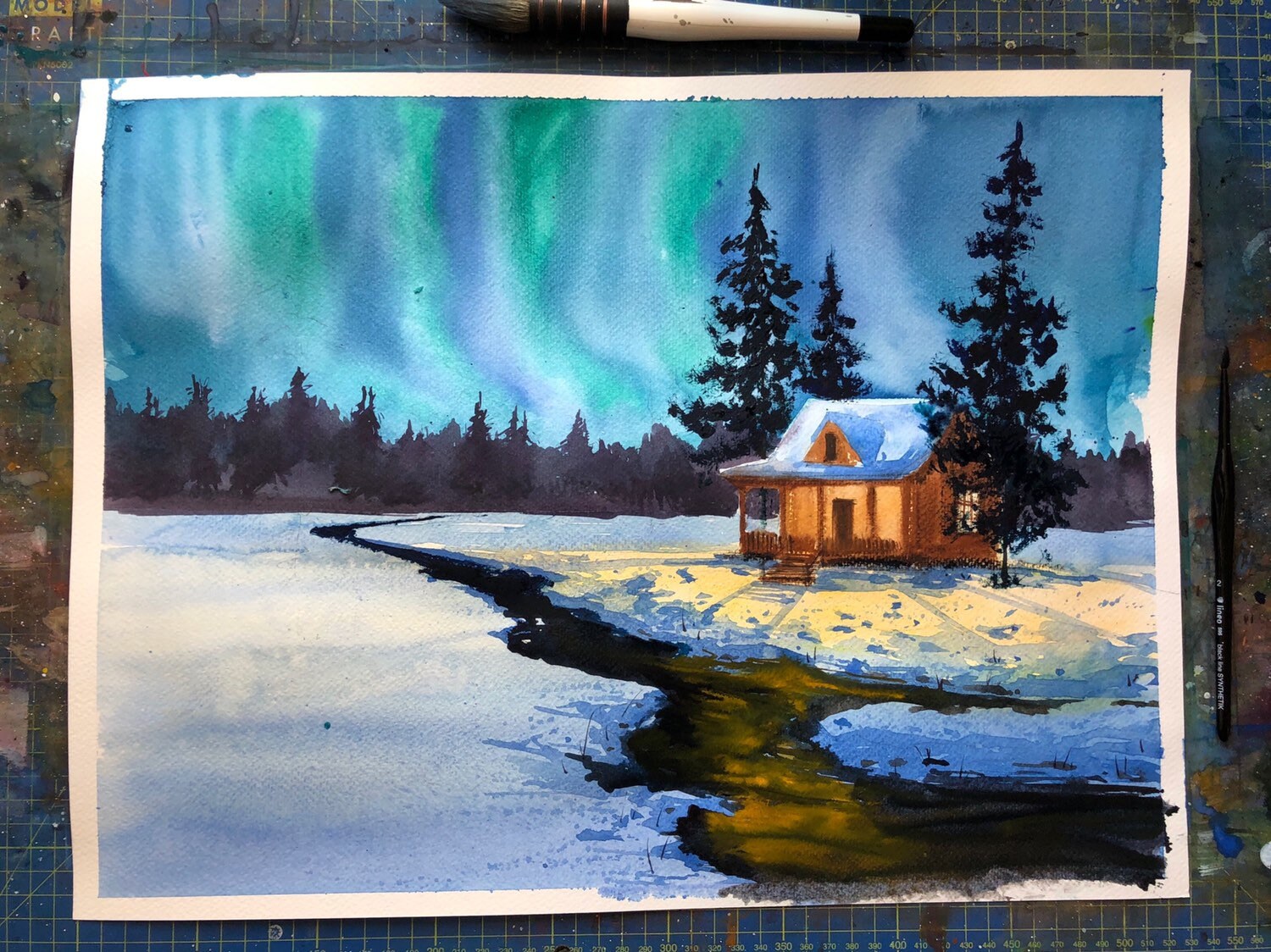 Northern Lights Watercolor Painting Forest Painting Winter Etsy Ireland