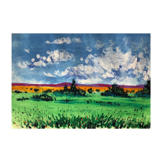 Impressionist fields and clouds painting