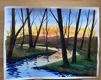 Sunset painting, large watercolor, river painting, autumn painting, tree painting, watercolor painting, forest painting, large watercolor,