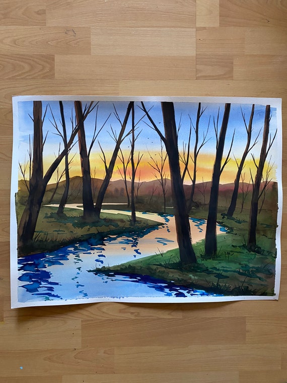 Sunset painting, large watercolor, river painting, autumn painting, tree painting, watercolor painting, forest painting, large watercolor,