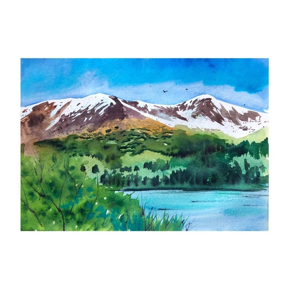 Bob Ross style mountains and river watercolor painting, mountains painting, watercolor mountains, original painting, mountains landscape