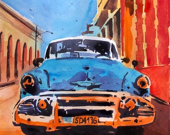 Chevrolet Bel Air bleue à Trinidad / peinture à l'aquarelle de voiture cuba peinture art cubain cuba voiture classique aquarelle de voiture vintage