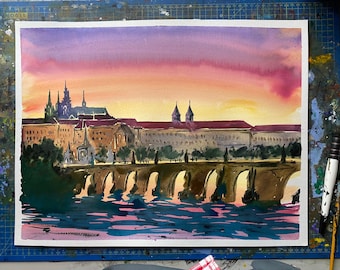PRAGUE, watercolor painting, prague watercolor, prague painting, praha, charles bridge, bridge painting, prague decoration, prague art, city