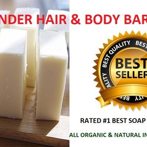 Può includere: Saponi per capelli e corpo alla salvia e lavanda su una superficie di legno. Le saponette sono bianche e rettangolari. L'immagine include anche un sigillo dorato a forma di stella con il testo "Best Seller" e il testo "Rated #1 Best Soap of 2017". Il testo "All Organic & Natural Ingredients" è incluso.