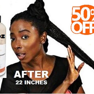 May include: A bottle of "Fermented Rice Shampoo" with a 16oz label is shown next to a woman with long, wet hair. The image includes the text "AFTER 22 INCHES" and "50% OFF". The shampoo bottle has a white label with brown and orange accents.