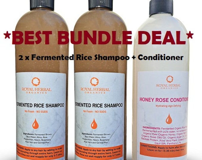 2 X's Fermented Rice Shampoo + LARGE Rose Otto Conditioner 16 oz |Organic & Natural Hair Care | Hair Growth Shampoo | Detox Shampoo