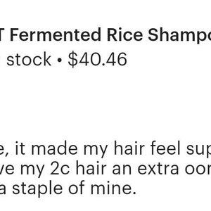 K&ouml;nnte beinhalten: Eine F&uuml;nf-Sterne-Bewertung f&uuml;r ein fermentiertes Reisshampoo. Die Bewertung lautet: "Bei der ersten Anwendung machte es mein Haar super gl&auml;nzend und gab meinem 2c-Haar einen zus&auml;tzlichen Schwung. Wird auf jeden Fall ein fester Bestandteil meiner Routine sein."