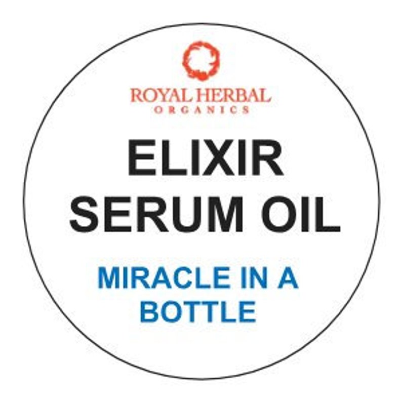May include: White circle label with black text that reads "Royal Herbal Organics Elixir Serum Oil Miracle in a Bottle".