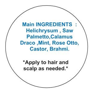 May include: A white circle with a black outline contains a list of ingredients for a hair and scalp treatment. The ingredients are: Helichrysum, Saw Palmetto, Calamus Draco, Mint, Rose Otto, Castor, and Brahmi. The text also includes instructions to apply to hair and scalp as needed.