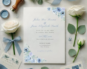 May include: A wedding invitation with a light blue and white floral design. The invitation reads "John Doe Brown & Jane Elizabeth Smith" and includes the date "Jan 12, 2026".