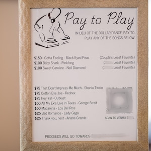 May include: A framed sign with the text "Pay to Play" and a list of songs with prices. The sign also includes the text "In lieu of the dollar dance, pay to play any of the songs below." and "Proceeds will go towards".