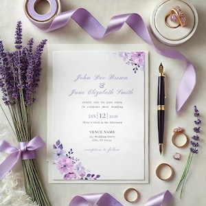 Purple Floral Wedding Invitation Template | Editable Canva Download | Elegant Printable Invite