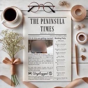 May include: A wedding announcement in the style of a newspaper, with a black and white design. The headline reads "The Peninsula Times" and the subheading reads "Special Edition". The announcement includes the couple's names, the date of the wedding, and a list of the wedding party members.