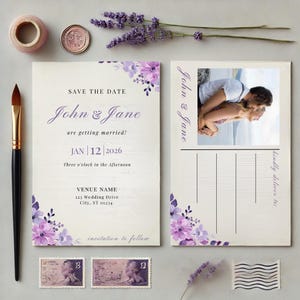 Purple Floral Save the Date Postcard | Canva Template with Photo or Text Back | Printable Wedding Card