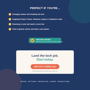 May include: A digital graphic on a dark blue background with the text PERFECT IF YOU'RE, listing career goals with yellow checkmarks. It includes an INDUSTRY-TESTED badge, a white box with Land the tech job. Start today., and an INSTANT DOWNLOAD button.