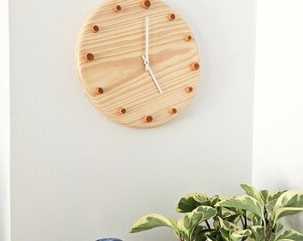 Handmade Pine Wood Wall Clock, Terracotta Orange Ceramic Dots, Silent Quartz Movement (29cm)