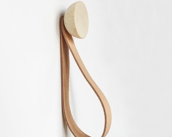 Round Light Beech Wood Coat Wall Hook / Hanger With Leather Strap Hanger