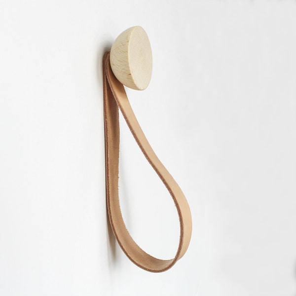 Round Light Beech Wood Coat Wall Hook / Hanger With Leather Strap Hanger