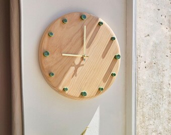 Wooden Wall Clock with Ceramic Details, Handmade - Green Glazing - 29 cm / 11.5 inch