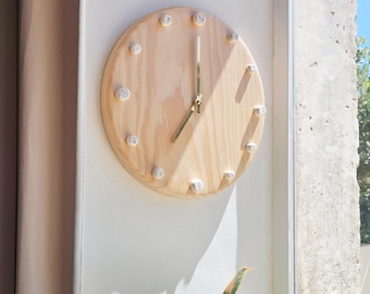Wooden Wall Clock with Ceramic Details, Handmade - Speckled White Glazing - 29 cm / 11.5 inch