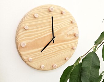 Handmade Pine Wood Wall Clock, Salmon Pink Ceramic Dots, Silent German Movement (29cm)