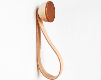 Round Beech Wood & Ceramic Coat Wall Hook / Hanger With Leather Strap - Dark Terracotta Orange