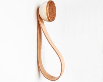 Round Beech Wood & Ceramic Coat Wall Hook / Hanger With Leather Strap - Light Terracotta Orange with Speckles