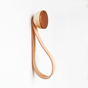 Round Beech Wood & Ceramic Coat Wall Hook / Hanger With Leather Strap - Dark Terracotta Orange