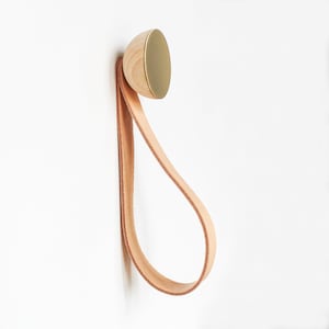 Round Beech Wood & Brass Coat Wall Hook / Hanger With Leather Strap image 1