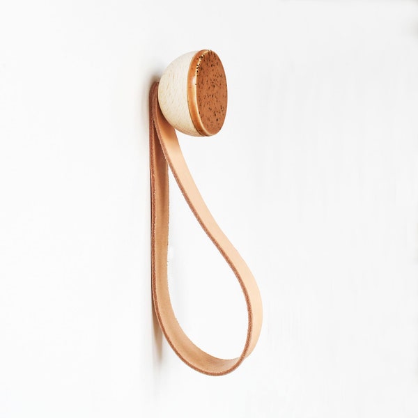 Round Beech Wood & Ceramic Coat Wall Hook / Hanger With Leather Strap - Light Terracotta Orange with Speckles