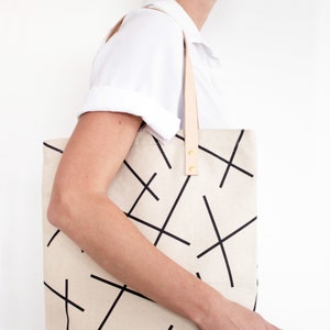 Cotton Canvas Tote Bag Black Mikado Lines Pattern & Natural Leather Straps image 2