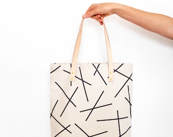 Cotton Canvas Tote Bag - Black Mikado Lines Pattern & Natural Leather Straps