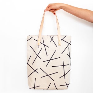 Cotton Canvas Tote Bag Black Mikado Lines Pattern & Natural Leather Straps image 1