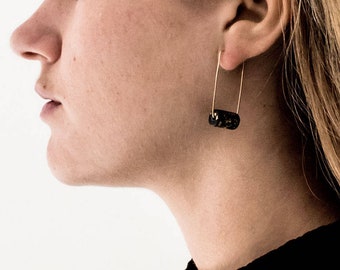 Gold Geometric Abstract Rectangle Earrings - Black & Specks Bead