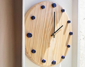 Handmade Pine Wood Wall Clock, Dark Blue Ceramic Dots, Silent German Movement (29cm)