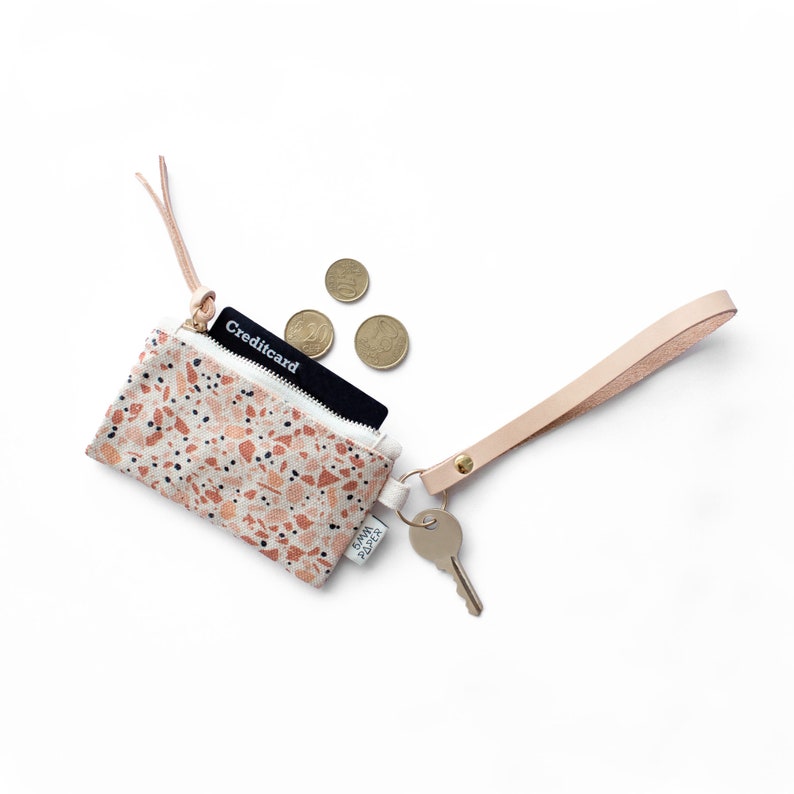 Natural Leather Key Chain with Canvas Card/Coin Pouch Bag Terrazzo Terracotta Orange image 1