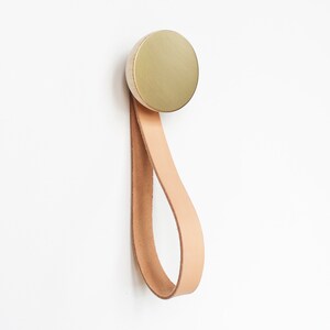 Round Beech Wood & Brass Coat Wall Hook / Hanger With Leather Strap image 2