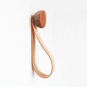 Walnut Wood + Terracotta Coat Wall Hook / Leather Strap Hanger
