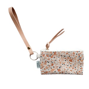 Natural Leather Key Chain with Canvas Card/Coin Pouch Bag Terrazzo Terracotta Orange image 2