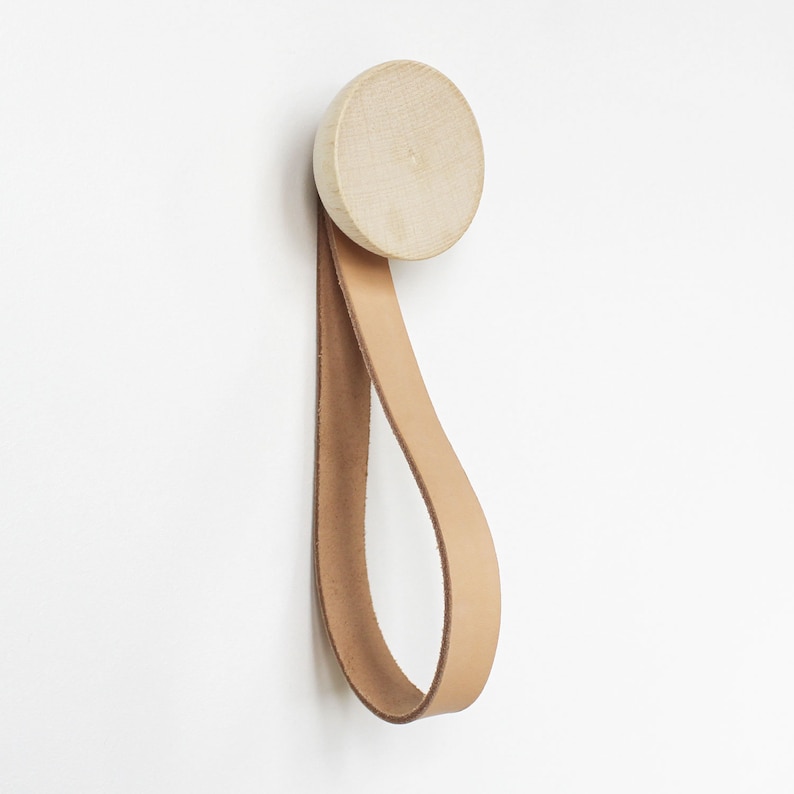 Round Light Beech Wood Coat Wall Hook / Hanger With Leather Strap Hanger image 2